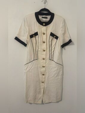 VTG Louis Feraud Coquette Mod White Cream Dress Black Piping Gold Button 12 READ